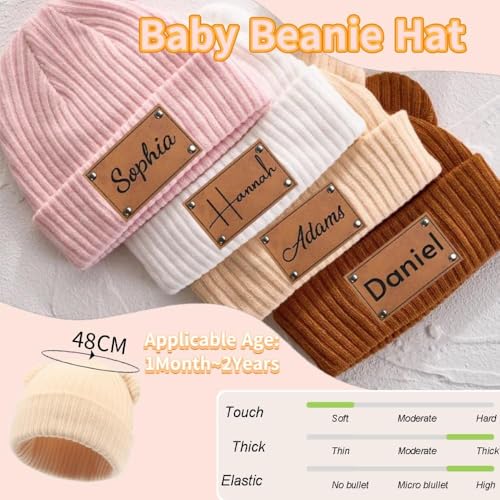 Personalized Name Baby Beanie Hat, Name Knitted Beanie,Leather Patch Hat for Toddler Birthday Gift, New Mom Gifts Multi2