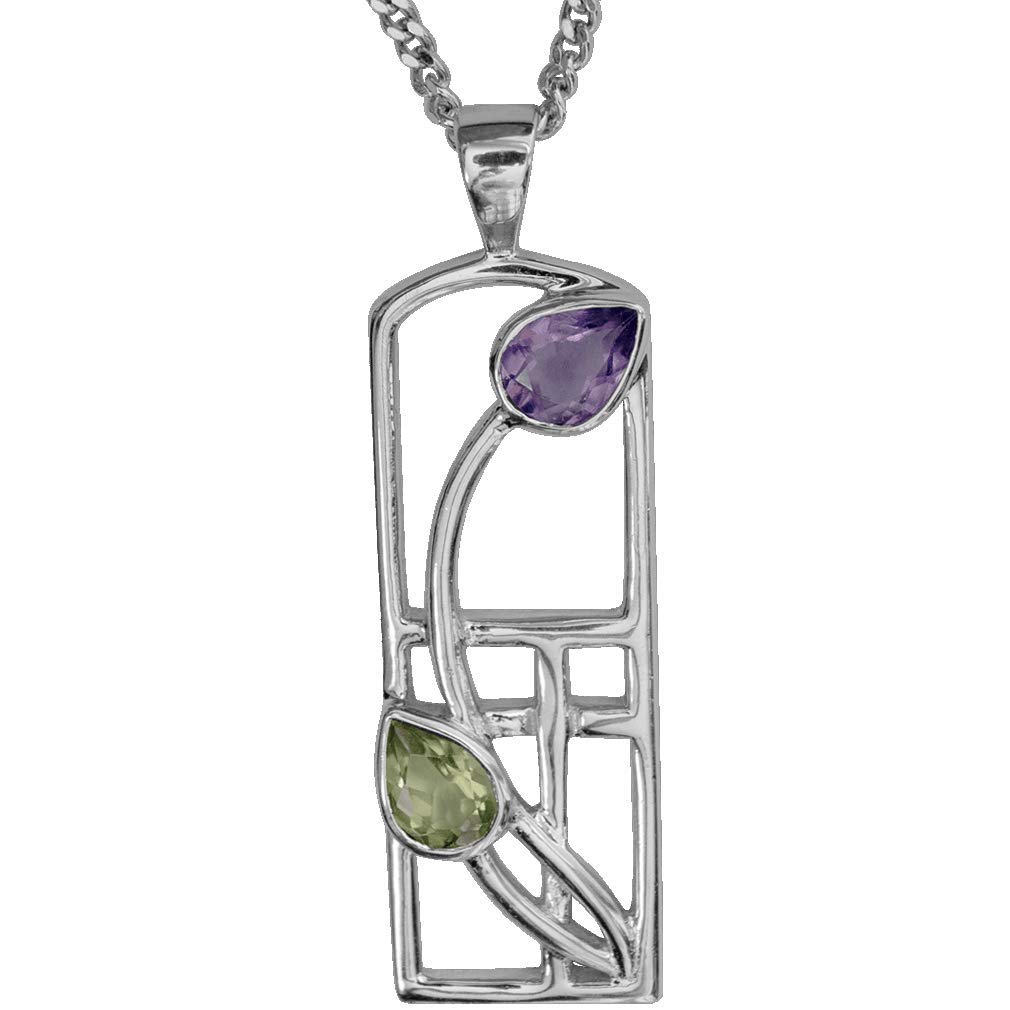 590 Charles Rennie Mackintosh Silver Necklace - Thistle - Amethyst & Peridot.
