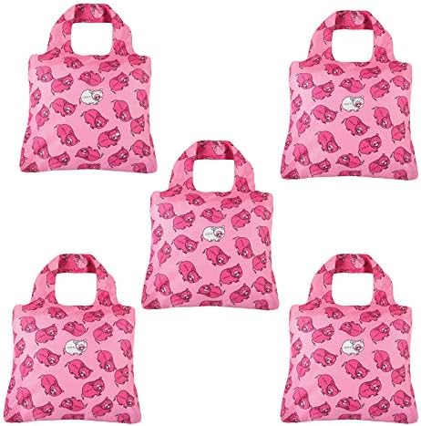 Envirosax Cute Piggy - Juego de 5 bolsas de comestibles reutilizables de poliéster ecológico, plegable, de calidad, lavable para viajes, compras,