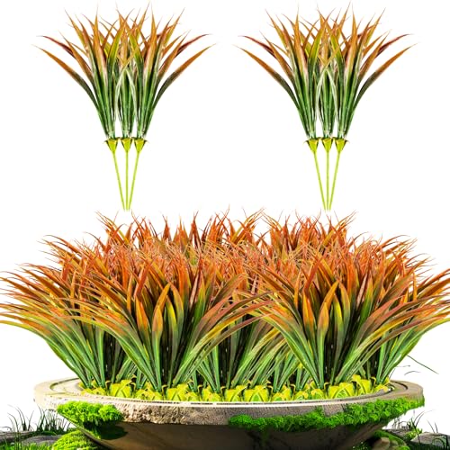 MAQIHAN 6 Artificial Grass Plant Outdoors - Faux Grass Decor Fake Plants Artificial UV Resistant Outdoor Plants Plastic Grass Outside Weed Plant Artificial Greenery for Porch Decorative