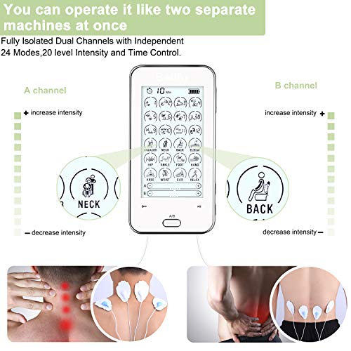 Belifu Dual Channel Tens Unit Electro Muscle Stimulator, Fully Isolated With Independent 24 Modes, Rechargeable Pulse Massager With Electrodes Pads For Neck Back Arms Chronic Pain Relief Body Building #TOP1