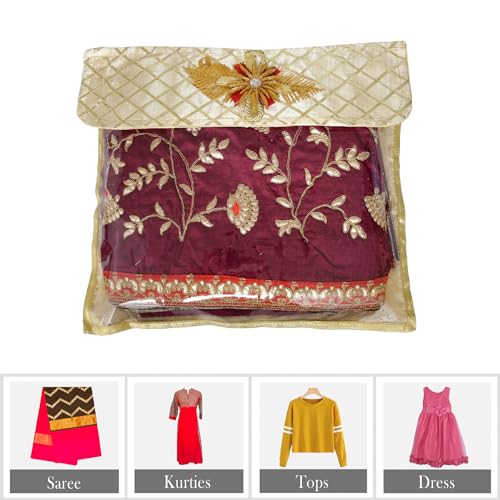 Image of Kuber Industries satin Saree Cover|Clothes Storage Bag|Single Packing Saree with Velcro|Wardrobe Organizer|Cloth Stoarge Organizer|Check Jama Brooch-Design|Pack of 6|Golden