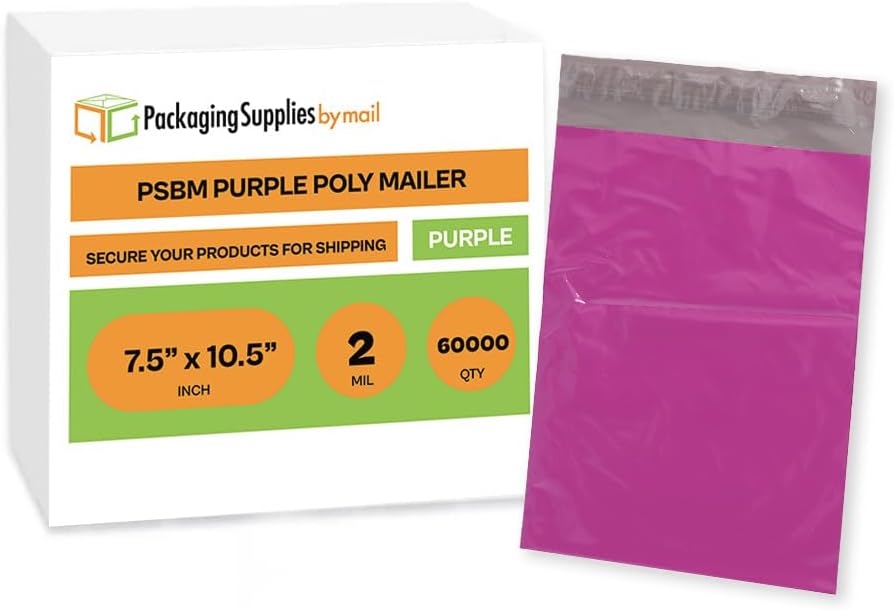 PSBM 60000 PCS 2 Mil 7.5 x 10.5 Inch Purple Poly Mailers, Self-Sealing Peel-Off Strip, Waterproof, Tear Resistant, Shipping Bag for Cloths, Documents, Books, Gifts, Jewelry and Non-Fragile Items