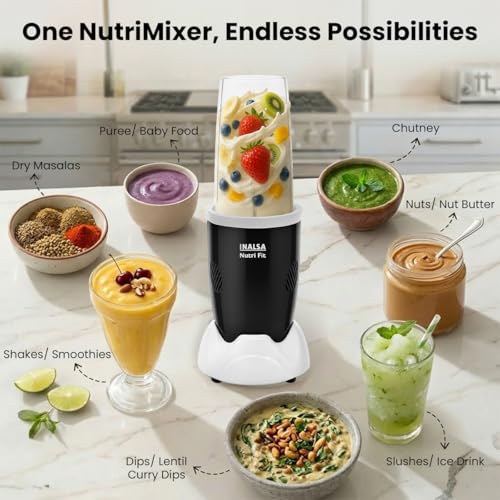 Image of INALSA Blender Mixer Grinder|500W Copper Motor|2 Jars with Travel Lid|3-in-1 Function: Mixing,Blending & Grinding|Blenders for Smoothies,Spices,Chutney,Milk Shakes & Dry Fruit|2 Yr Warranty,Nutri Fit