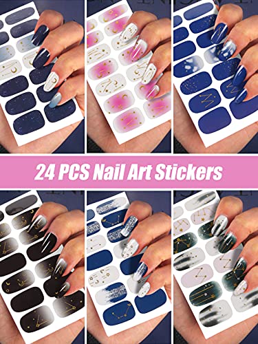 24PCS Full Nail Wraps Aufkleber, EBANKU Schwarz weiÃe Nagelsticker Selbstklebende Stern Mond Nail Art Aufkleber 3D Nagelfolie Nagellack Aufkleber mit 1PCS Nagelfeile für DIY Nageldekoration – Bild 4