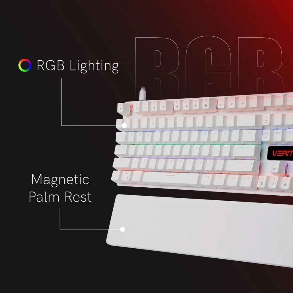 Image of VERITY Onyx RGB Mechanical Keyboard | 104-Key Full Size Gaming Keyboard with Quiet Durable Keys, Custom RGB Lighting, Type-C Wired, Sleek Design for PC, Office & Daily Use (White)