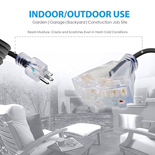 50 Ft 12/3 Outdoor Extension Cord - Sjeow Rubber, Flexible, Triple Outlet, Black Wire With Live Power Light Indicator. 15 Amp #TOP2