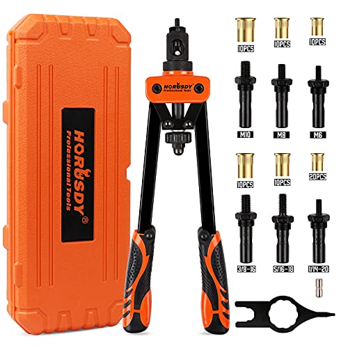 HORUSDY 14 Rivet Nut Tool, Hand Rivet Nut Kit with 7 Metric & SAE Mandrels and 70pcs Rivnuts, M6 M8 M10, 1 4-20, 5 16-18, 3 8-16