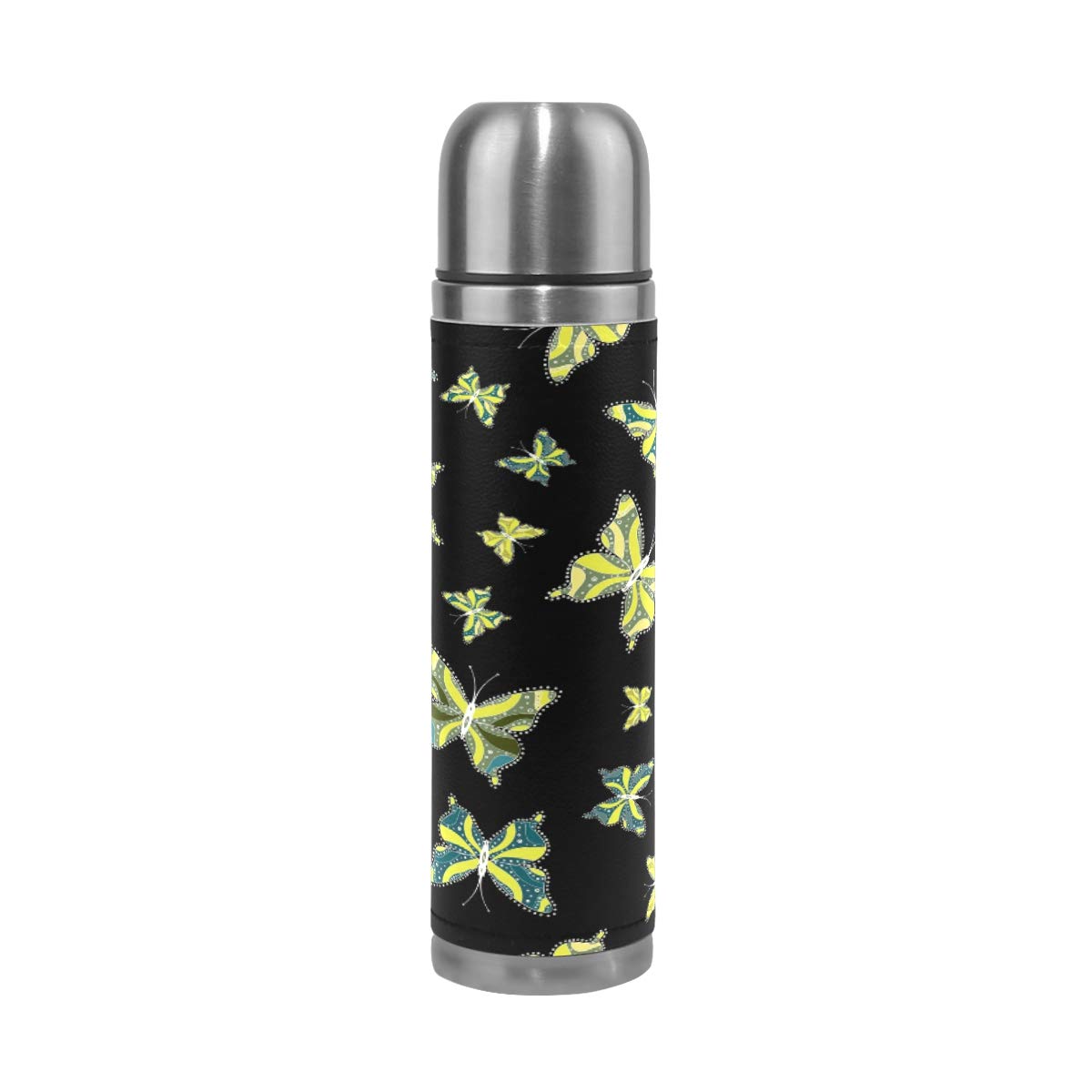Taza de viaje aislada al vacío de acero inoxidable con doble pared a prueba de fugas, botella de color con impresión de mariposa, personalizable impresa en piel auténtica, termo de 500 ml