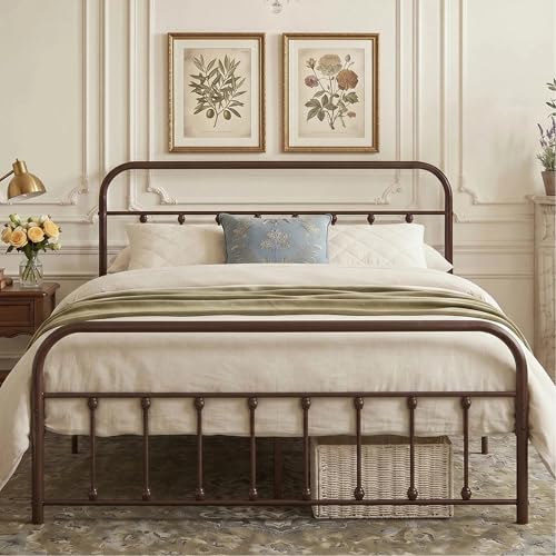 VECELO Full Size Victorian Style Metal Bed Frame with Headboard and Footboard Under Bed Storage No Box Spring Needed Strong Slat Suppor Bed Frame Purple Bronze