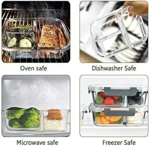 Image of Glass Lunch Box with 3 Compartments, BPA-Free Airtight Leak-Proof Lid, 1000ml, Microwave Freezer Dishwasher Safe, Meal Prep Bento Box