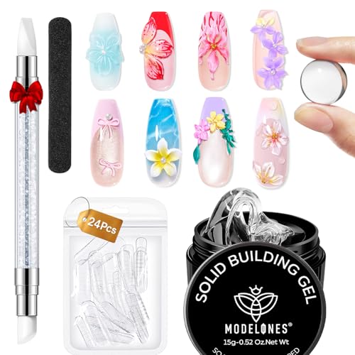 Image of modelones 3D Sculpting Gel Kit，Clear Solid Nail Builder Hard Gel for Nail Art Molding & Extensions Non-Sticky for Chrome Powder Salon or Home DIY Spring Manicure Cured Needed