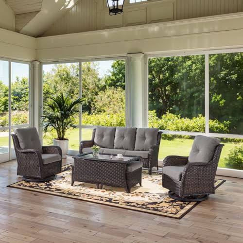 Belord Wicker Outdoor Furniture Patio Furniture Set - 6 Piece Patio Conversation Set with Swivel Rocker Chairs, Rattan Sofa, Ottomans and Coffee Table, Gray Cushion - Thumbnail 2