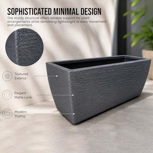 Image of Go Hooked Rectangular Leios Planter Pot 36x14 Inch | Grey Ribbed Design Plastic Flower Pot for Indoor Outdoor Garden Balcony Terrace Living Room | Decorative Long Plant Container with Drainage Hole