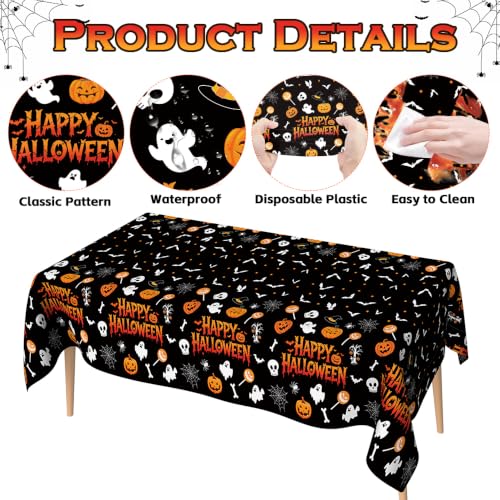 Image of Halloween Tablecloth Party Decorations - 8 PCS Happy Halloween Tablecloth Disposable, Plastic Black and Orange Pumpkin Ghost Table Cloth Cover Rectangle for Halloween Party Decor Supplies, 54 inch x 108 inch