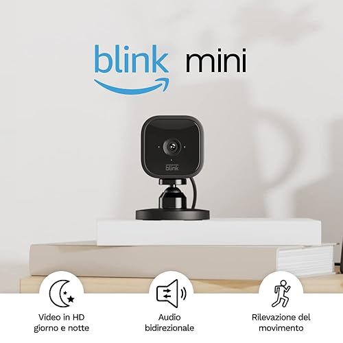 Immagine del prodotto Blink Mini - Videocamera di sicurezza intelligente per interni, plug-in, video HD 1080p, rilevazione di movimento, audio bidirezionale, config. semplice, compatibile con Alexa | 1 videocamera (Nero)
