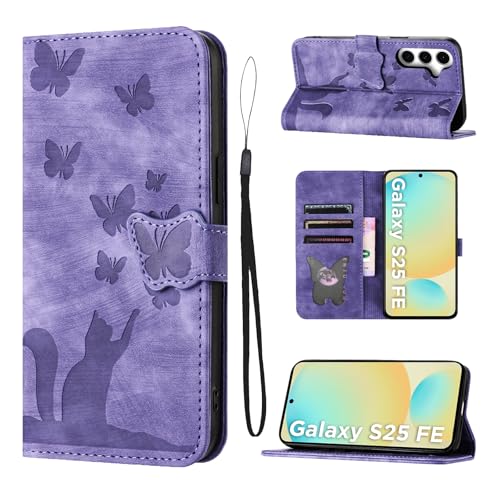 LSPCASA Coque pour Samsung Galaxy S25 FE 5G Housse Protection Premium PU Cuir Portefeuille Protection Porte Carte Fonction Support Flip Case Motif Chat et...