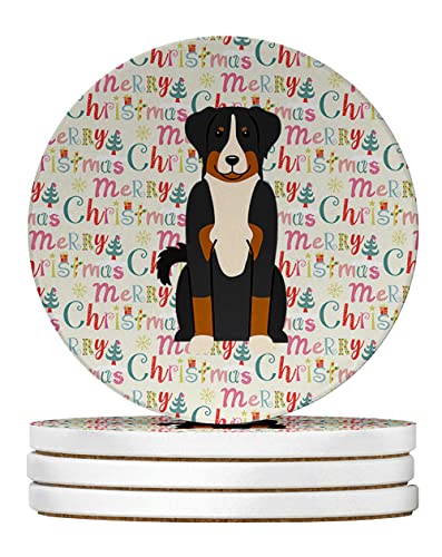Caroline's Treasures Merry Christmas Appenzeller Sennenhund Large Sandstone Coasters Pack of 4 Absorbent Round Coasters Decor Gifts for Men or Women, 4 in, Multicolor
