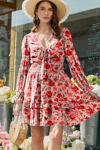 Image of Dokotoo Womens Casual Spring Fall 2025 Deep V Neck Knotted Tiered Chiffon Elegant Mini Short Swing Skater Dresses