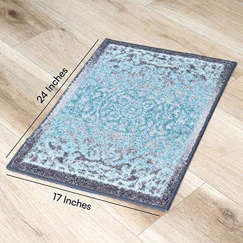 Maples Rugs Kitchen Rug Set - Pelham 2-Pieces Non Skid Machine Washable Mats [Made In Usa] Traditional Vintage Accent And Runner Carpet Sets, 17"X24" + 17"X48", Blue/Grey #TOP3