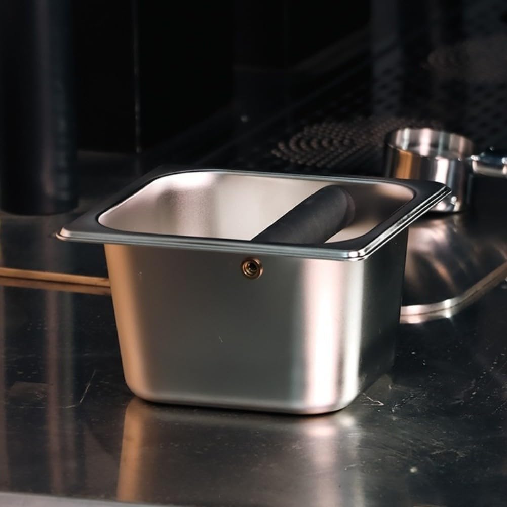 Contenitore per caffè espresso Knock Box, in acciaio inox e legno, alternativa silenziosa al tappetino per bar e caffè, struttura robusta (B)