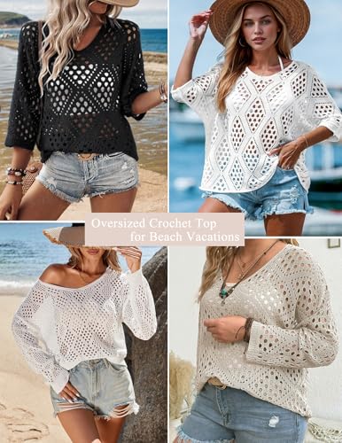 Zeagoo Women's 2025 Spring Summer Crochet Top Hollow Out 3/4 Sleeve Sweater Off Shoulder Beach Knit Coverup3
