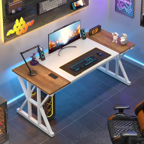 Image of 55 inch Large Computer Desk with Thickened Frame for Home Office, Living Room | Modern Simple Executive Desk, Larger Gaming Desk with X-Shaped ReInchforcement, Brown /White