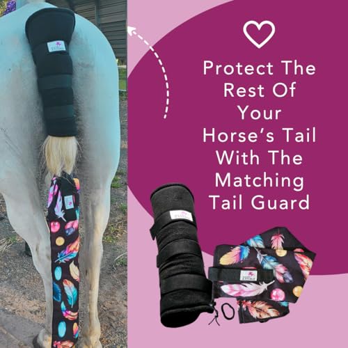 Image of MANE & STABLE Horse Tail Bag - 31.5 inch Waterproof Adjustable Tail Wrap, Black Feathers | Lined Protector for Braided or Loose Tails