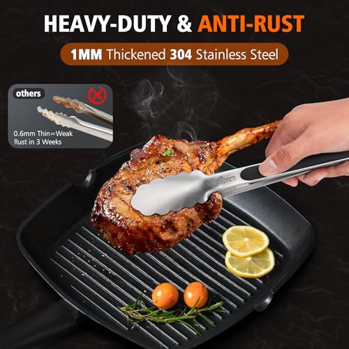 HOTEC Pinze da Cucina in Acciaio INOX,Pinze da Barbecue,Pinza Spaghetti Antiscivolo Manico in Silicone,Sistema di Bloccaggio Intelligente,Set da 2 - immagine 3