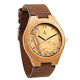 Treehut Mens Wooden Olive Ashe Bamboo Watch with Genuine Brown Leather Strap