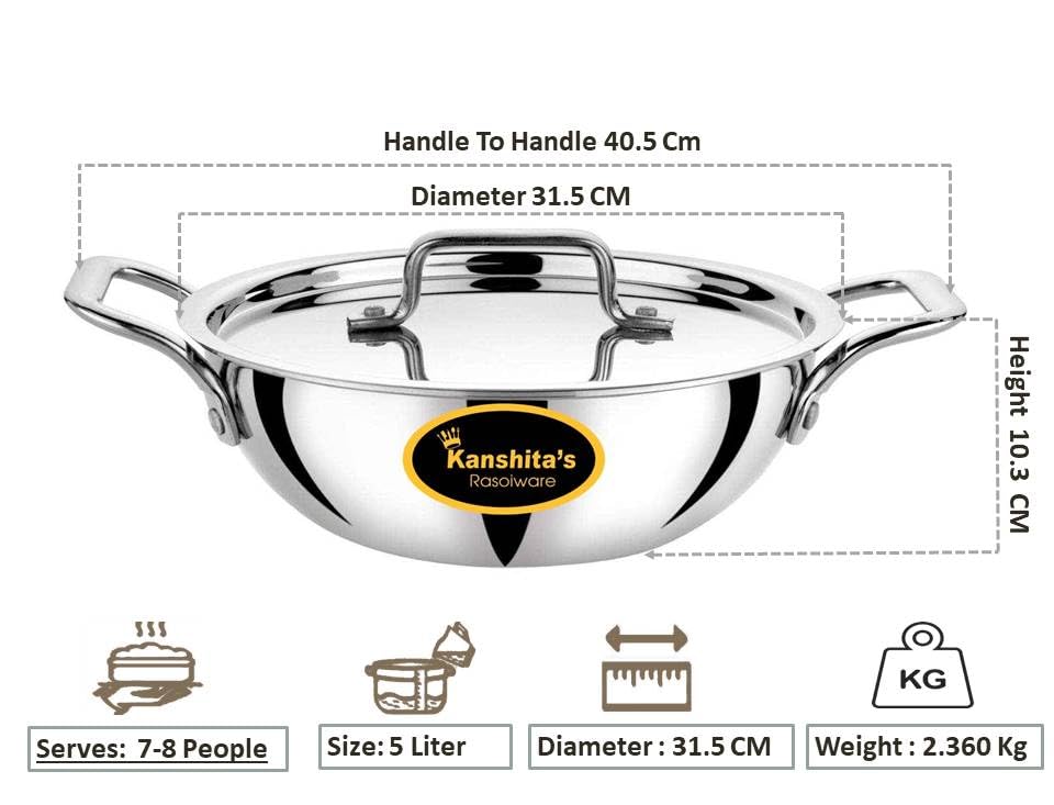 Image of Kanshita's Rasoiware Platinum Series Triply Kadhai - 5L Stainless Steel with Lid, Induction & Gas Stove Ready (31.5 cm)