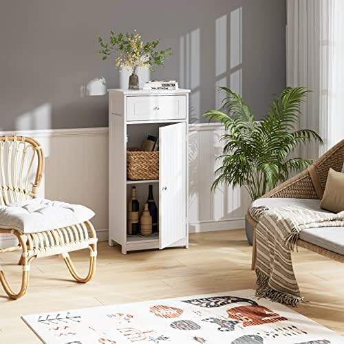 FOREHILL Bathroom Storage Cabinet Slim Storage Unit with Drawer and Shelf Floor Stand Storage Cupboard White 45x30x100cm