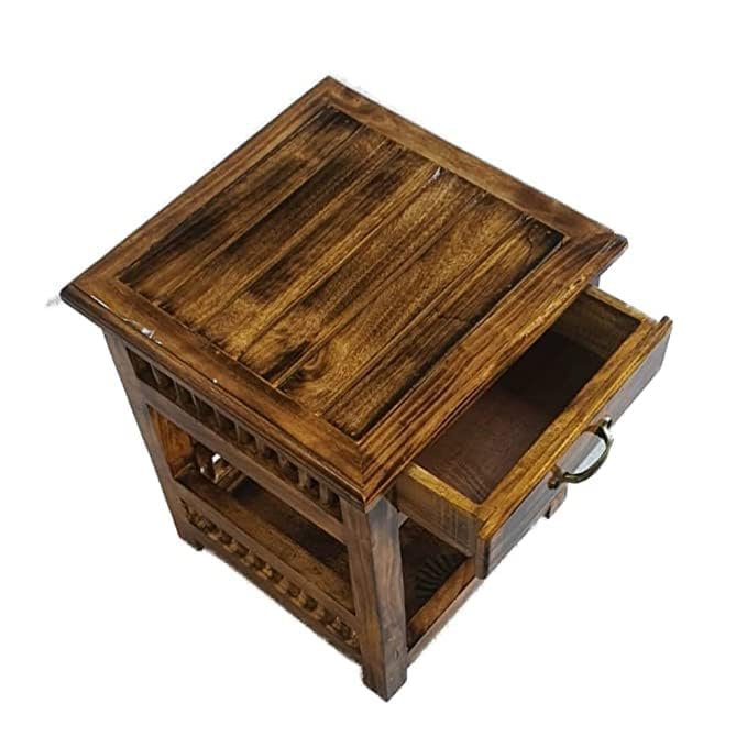 Image of Furniture Wooden Bedside Table for Bedroom | Wooden Nightstand Lamp Table with 1 Drawer (Antique)