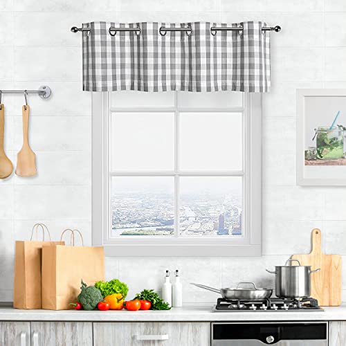Bapawfish Grey Buffalo Plaid Valance For Kitchen, Buffalo Check Gingham Valance Curtains For Windows, Farmhouse Rustic Grommet Kitchen Curtain Valance, 55" X 15", Silver/Gray #TOP7