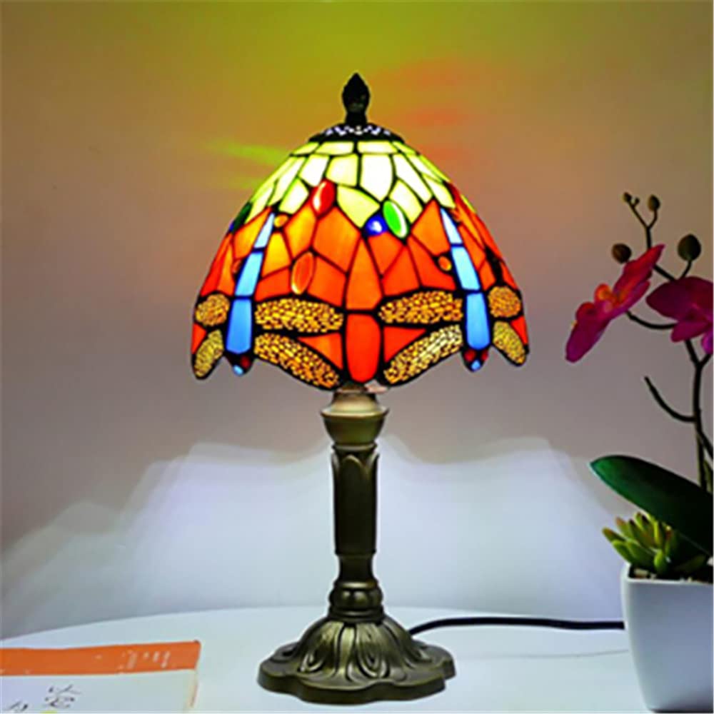 BAYCHEER Tiffany Style Dragonfly Desk Light Craftsman Single Light Stained Glass Square Shade Metal Table Lamp Desk Lamp for Office Bedroom Bedside Living Room, Orange