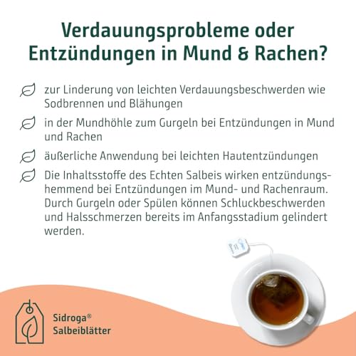 Sidroga Salbeiblätter – Salbeitee - pflanzliches Arzneimittel - bei Magen-Darm-Beschwerden & Reizungen im Mund-Rachen-Bereich - 20 Teebeutel à 1,5 g