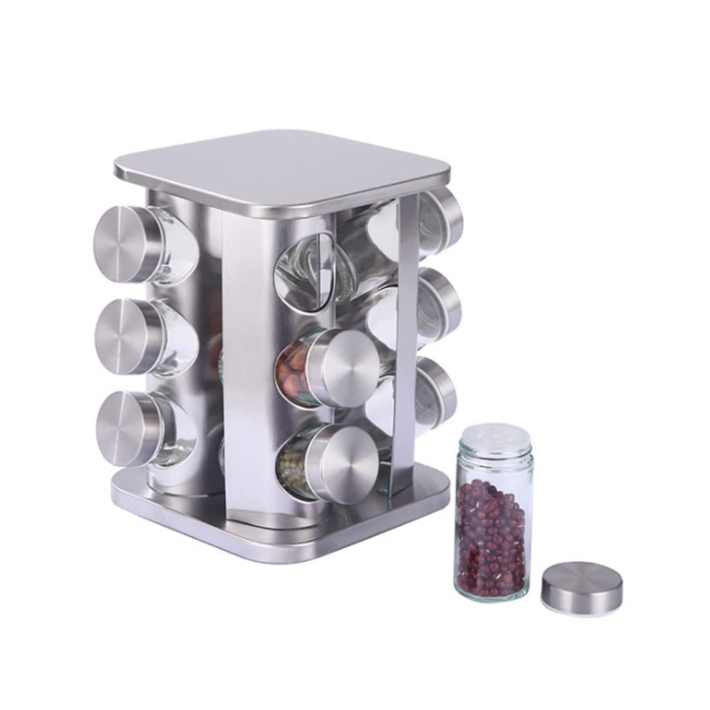 MALSSE Rack with 12 Jars Countertop Tower Stainless Steel Seasoning Jar Set Rack Shelf Kitchen Tool Tower with Jars