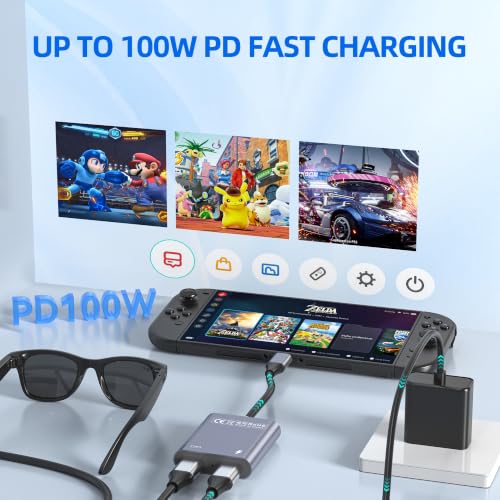 Image of USB C to Glasses Charging Adapter, 100W PD Charge & Play for AR Glasses, 4K@60Hz Video Output for XREAL /Viture /Rokid /RayNeo, Steam Deck, ROG Ally, Switch (Not Switch 2), PS5, Xbox, Mac, Laptops