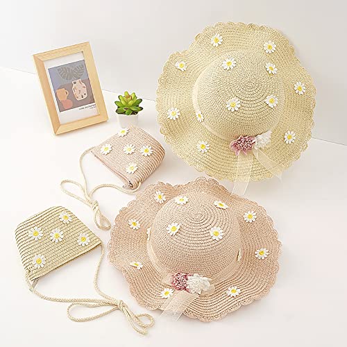 Toddler Girls Straw Hat and Shoulder Bag Set Daisy Flower Beach Cap Wide Brim Summer Sun Hat Foldable Visor Hat and Purse Light Khaki2