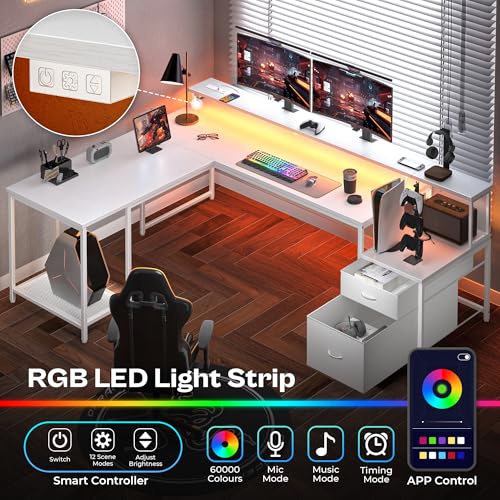 PRAISUN 66" L Shaped Gaming Desk with LED Lights & Power Outlets, Computer Desk with Fabric Drawers and Print Stand, Corner Office Desk, Monitor Stand, Mesh CPU Stand, White by PRAISUN - Image 3