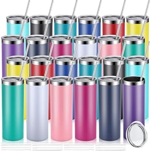 Skinny Tumblers 20 Oz Stainless Steel Tumbler Bulk with Lids and Straws Blank Slim Insulated Cup Double Layer Water Tumbler for Travel, DIY(Mixed Colors,24 Pcs)