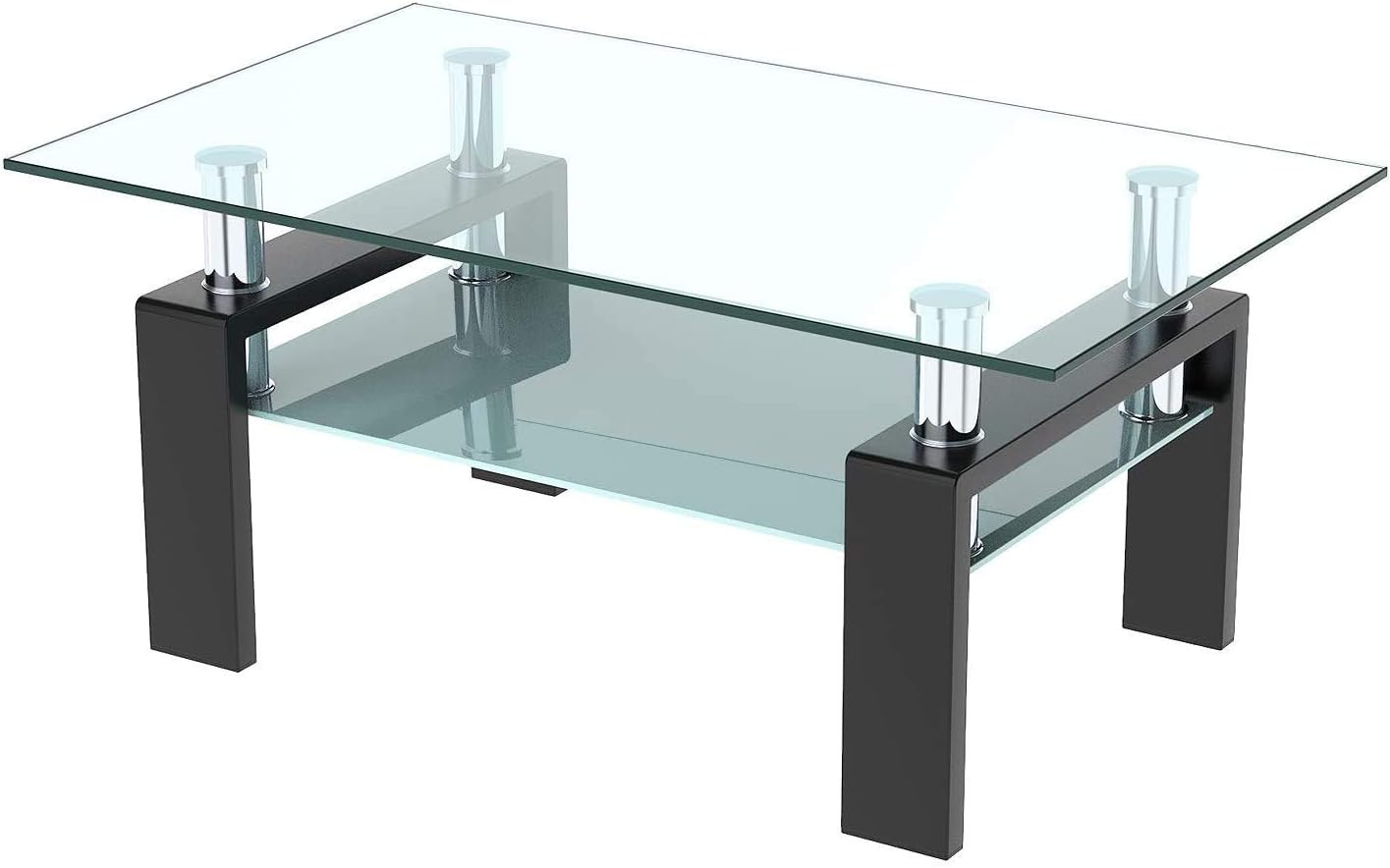 HCWORLD Black Rectangle Glass Side Coffee Table with Lower Shelf Legs-Suit for Living Room
