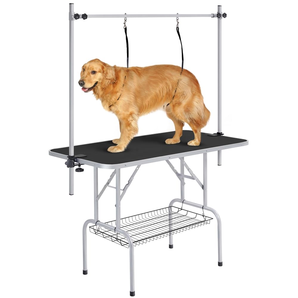 Yaheetech Mesa de Peluquería Mesa Peluqueria Canina para Mascotas Grande 118x60x177cm Plegable Mesa de Aseo para Perro Canina Altura Ajustable Negra