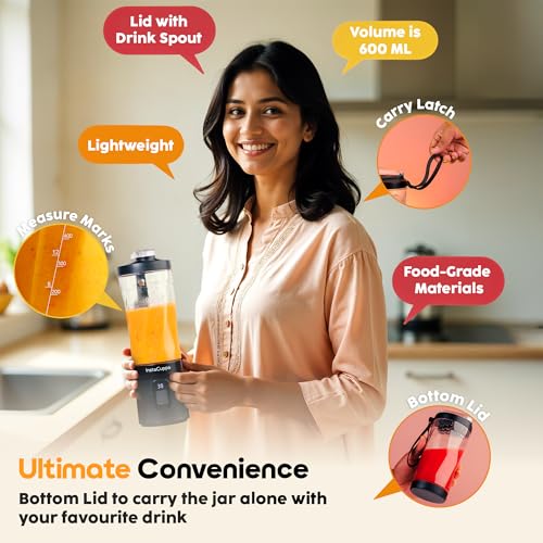 Image of InstaCuppa Portable Blender Bottle, Long Lasting 6000 mAh Battery with Fast Charging, LED Display for Battery Status & 40-Second Blend Timer, Sipper Lid & Detachable Bottom Cap, 230 Watts, 600 ML