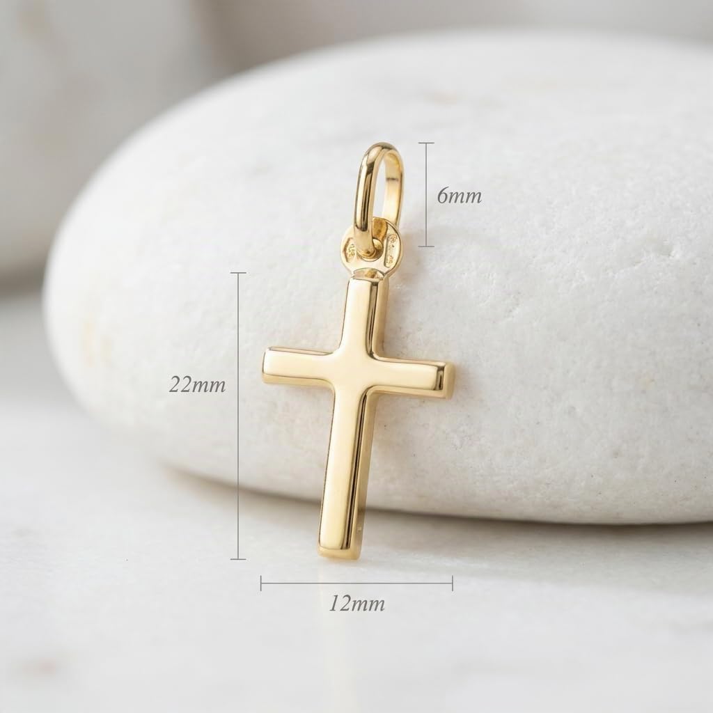 Alexander Castle Collar de cruz de oro macizo de 9 quilates pequeño y simple para mujeres y niños, colgante de cruz con cadena de oro de 9 quilates de 45 cm y caja de regalo de joyería - 22 mm x 12 mm