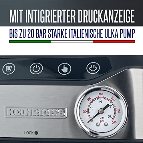 HEINRICHS Espressomaschine, Barista Siebträgermaschine mit 850W, 20 Bar Druck, Kaffeemaschine mit Milchaufschäumerstab, Doppelauslauf, abnehmbares Tropfgitter, 1.6Liter Wassertank, LED-Touch-Display – Bild 4