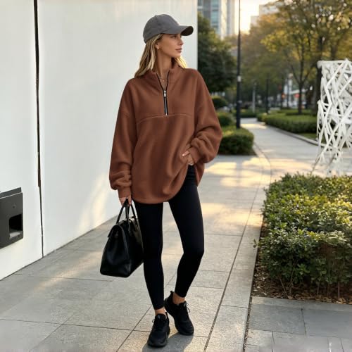 Brown Quarter Zip Sweatshirt Women Fleece Oversized Half Zip Pullover - image 6