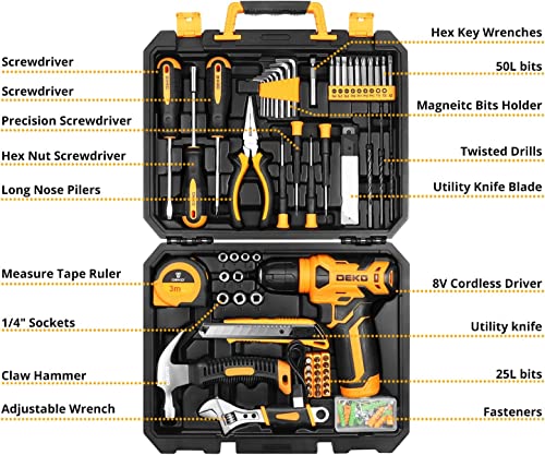 deko caisse a outil avec perceuse visseuse multifonction sans fil 8v, 126 pièces malette outils complete, ensemble d'outils avec perceusepour réparation, entretien et travail