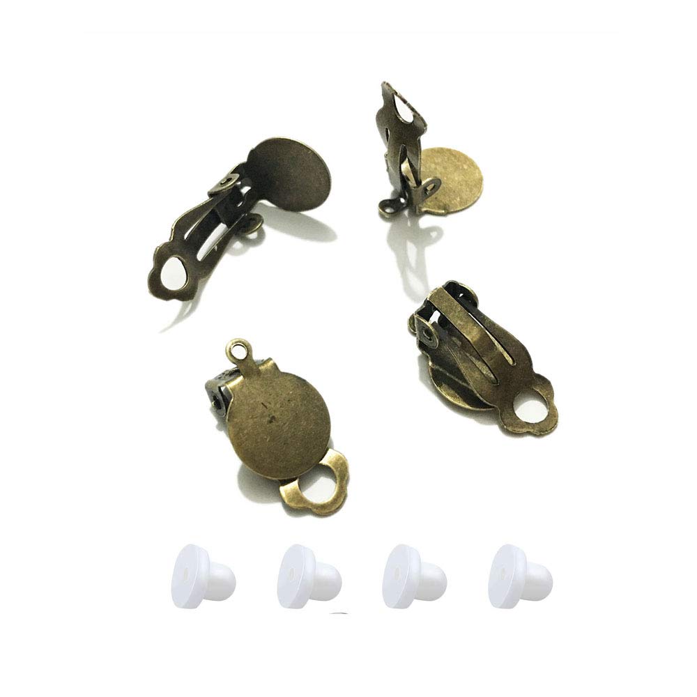 20pcs (10 Pairs) Metal Clip On Earring Flat Pad Findings with Loop Clasp Round Base for DIY Earring Making Accessories (Bronze with Hole)
