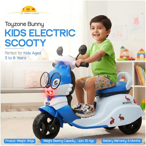 Image of Toyzone Bunny Electric Scooter - Blue | Rechargeable Scooty 6V | Powered by 4.5 ah Battery | Music Player with Bluetoooth & USB | 6 Month Warranty on Battery | Make in India | for Kids 2+ Years